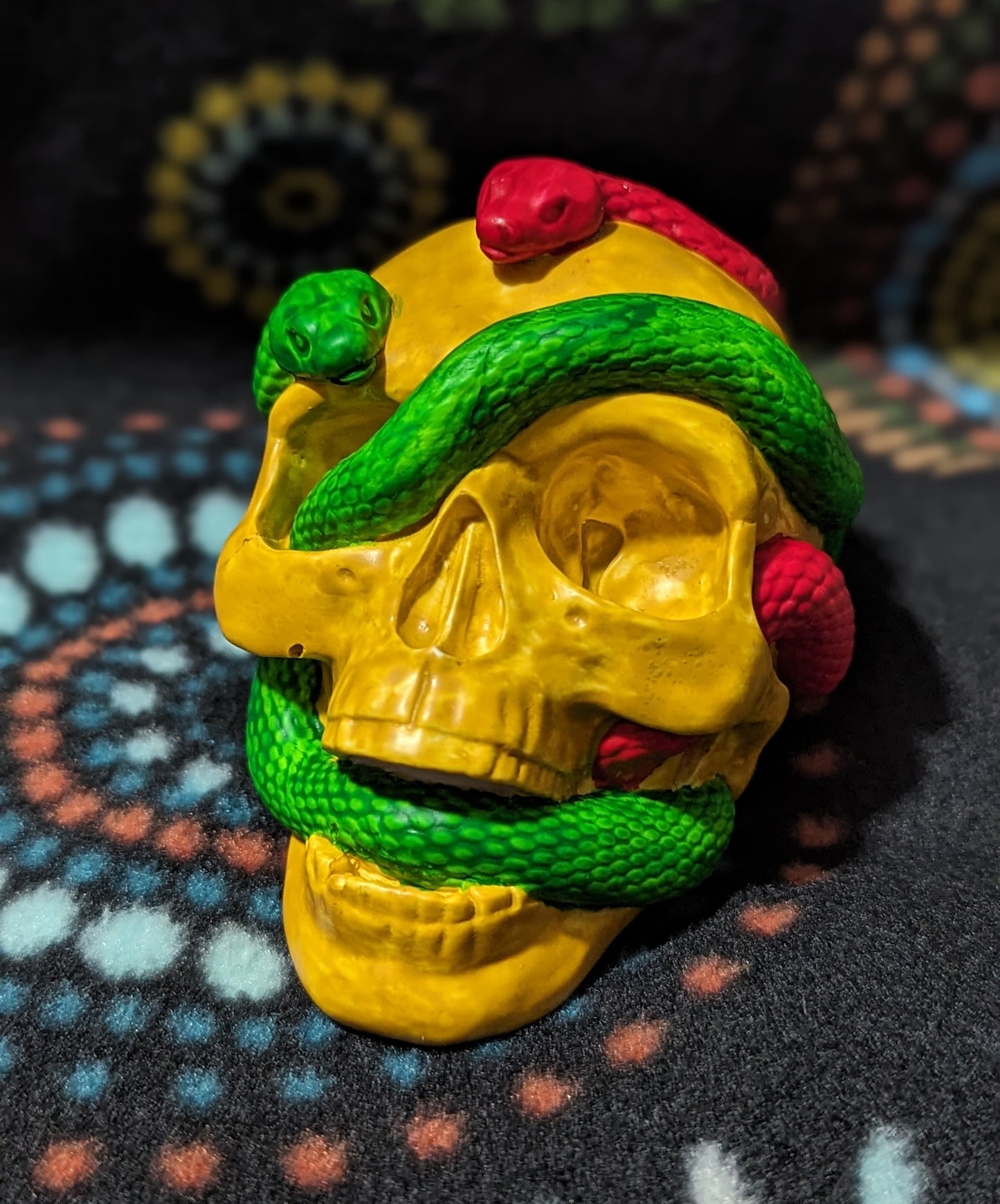 Ceramic Skull With Red and Green Snakes