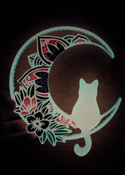 Flowery Glow in the Dark Crescent Moon Cat