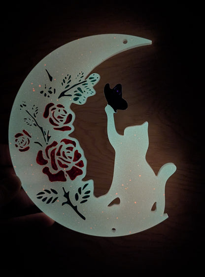 Glow In the Dark Crescent Moon Cat with Roses Window Decoration