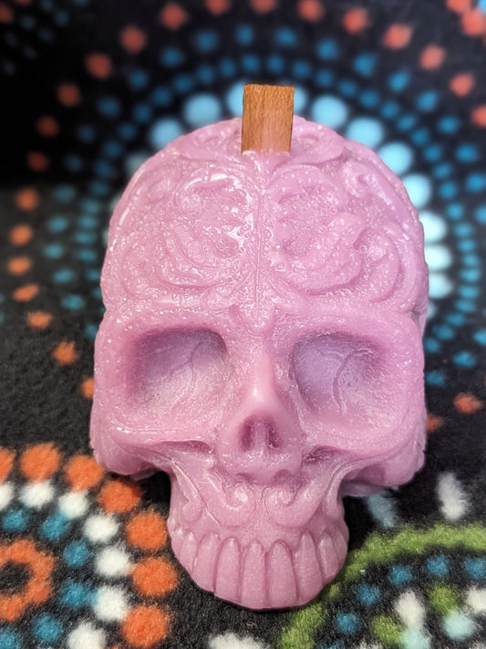 Lavender Skull Candle With Leaf Design