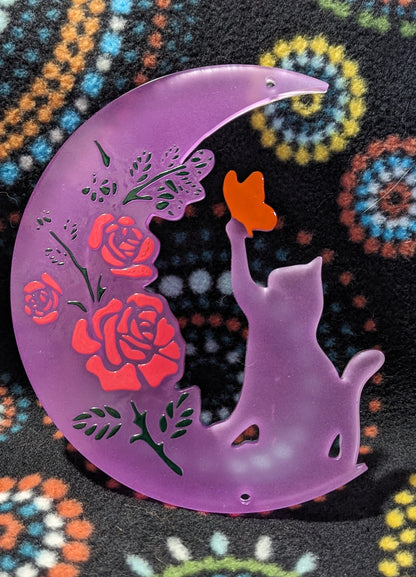 Glow In the Dark Crescent Moon Cat with Roses Window Decoration