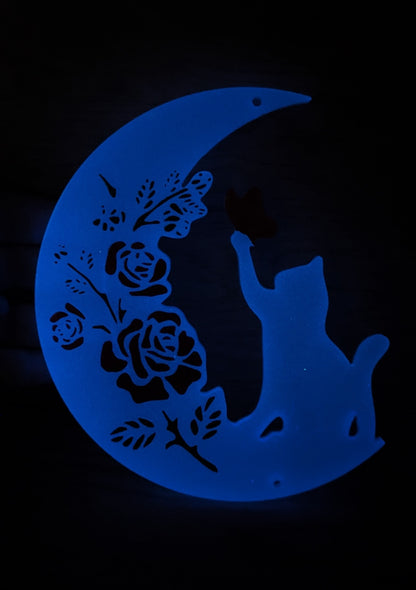 Glow In the Dark Crescent Moon Cat with Roses Window Decoration